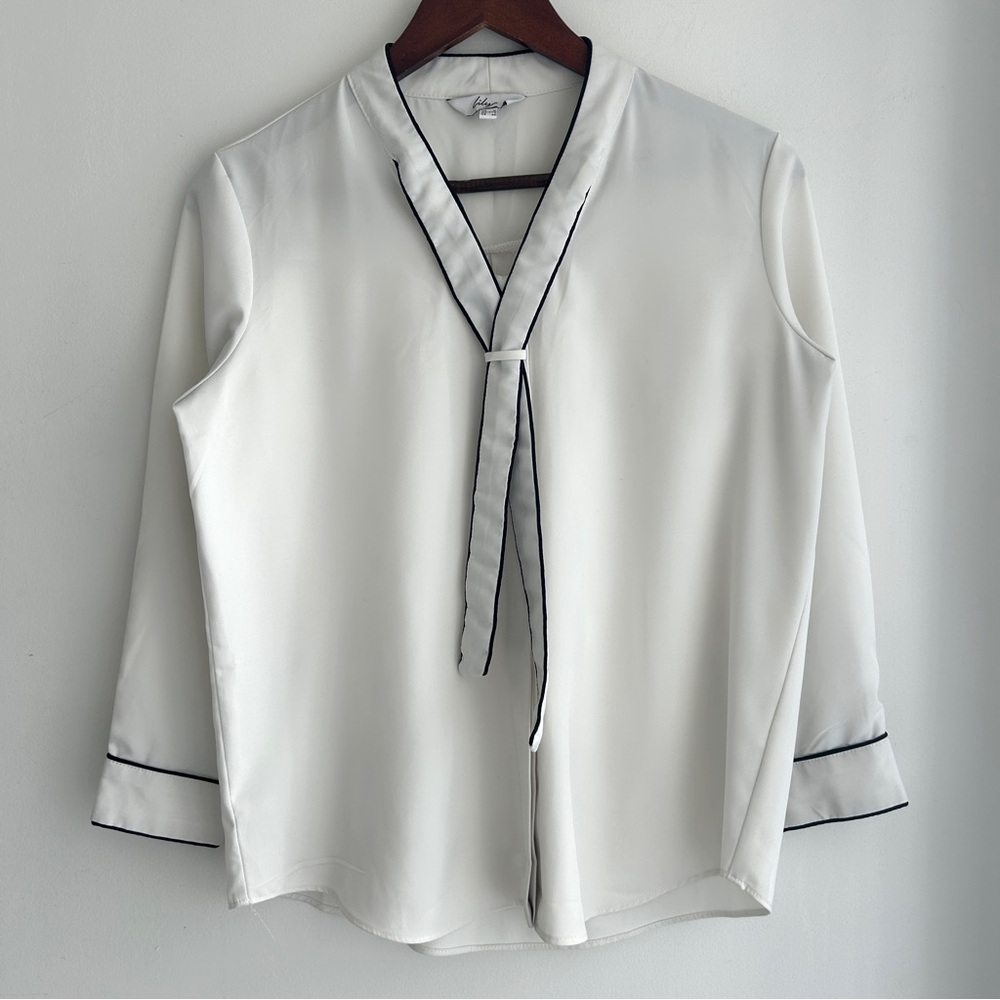 White Tie-Neck Blouse with Black Trim - Women